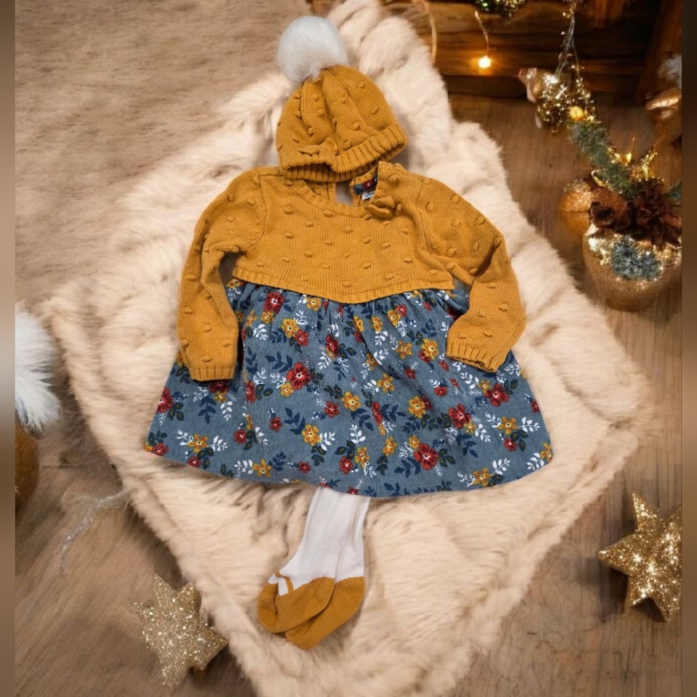 Cupcakes & Cashmere Baby Girl 3-Piece Outfit Set | 6–9M | Sweater + Dress + Hat